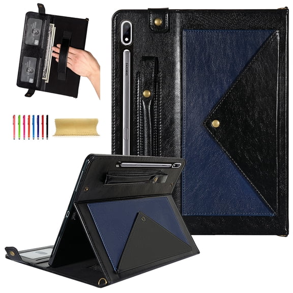 TECH CIRCLE Case for Galaxy Tab S10 Plus/S9 Plus/S8 Plus/S7 FE/S7+12.4",PU Leather Fold Business Stand Protective Cover Pen Holder Card Slots Shoulder Hand Strap Handbag Wallet Case,Blue + Black