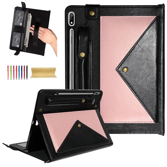 TECH CIRCLE Case for Galaxy Tab S10 Plus/S9 Plus/S8 Plus/S7 FE/S7+12.4",PU Leather Fold Business Stand Protective Cover Pen Holder Card Slots Shoulder Hand Strap Handbag Wallet Case,Rosegold + Black