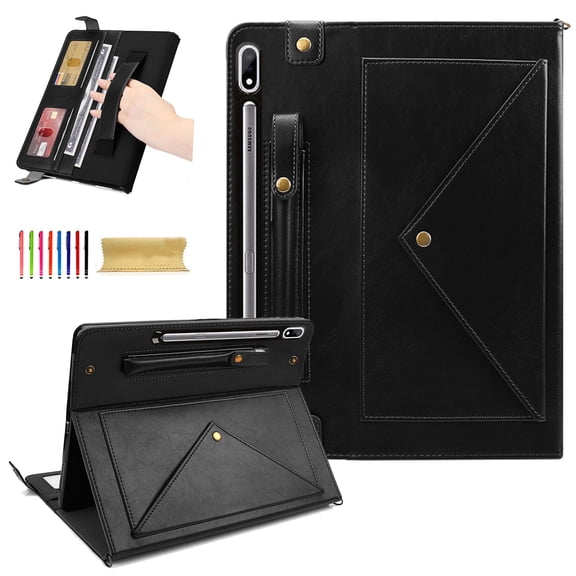 TECH CIRCLE Case for Galaxy Tab S10 Plus/S9 Plus/S8 Plus/S7 FE/S7+12.4",PU Leather Fold Business Stand Protective Cover Pen Holder Card Slots Shoulder Hand Strap Handbag Wallet Case,Black