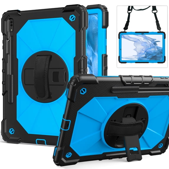 TECH CIRCLE Case for Galaxy Tab S8 Plus & Galaxy Tab S7 Plus & Galaxy Tab S7 FE Tablet (12.4 Inch) - Protective Sturdy Kickstand Case with Shoulder/Hand Strap for SM-X800/SM-T730/SM-T970 (Blue Black)