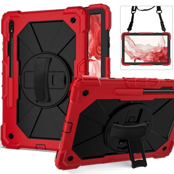 TECH CIRCLE Case for Galaxy Tab S8 Plus & Galaxy Tab S7 Plus & Galaxy Tab S7 FE Tablet (12.4 Inch) - Protective Sturdy Kickstand Case with Shoulder/Hand Strap for SM-X800/SM-T730/SM-T970 (Black Red)
