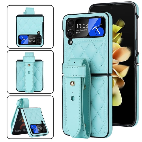 TECH CIRCLE Case for Galaxy Z Flip 4, Classic PU Leather Adjustable Wristband Kickstand Anti-Scratch Shockproof Protection Cover for Samsung Galaxy Z Flip 4 5G 2022,Green