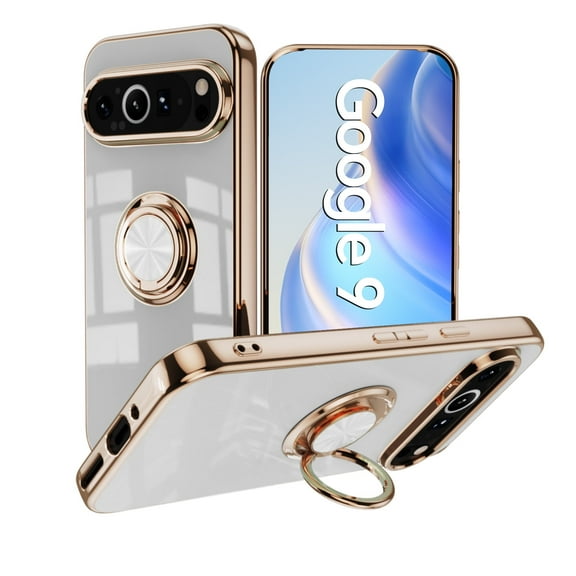 TECH CIRCLE Case for Google Pixel 10 /10 Pro (6.3", 2025) - Shiny Plating Cute Slim Case with Rotating Finger Ring Kickstand, Durable Soft Silicone Lightweight Protective Thin Phone Cover, White
