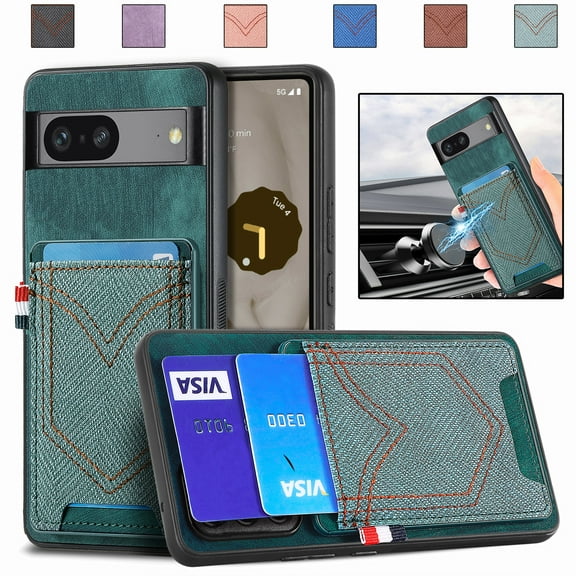 TECH CIRCLE Case for Google Pixel 8,Ultra Slim Wallet Case Cloth Fabric Hybrid PU Leather Thin Lightweight Anti-Scratch Shockproof Phone Shell Support Magnetic Car Mount for Google Pixel 8 6.2",Green
