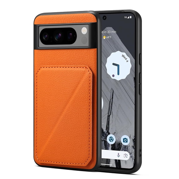TECH CIRCLE Case for Google Pixel 8A (6.1-inches) 2023 Release Cell Phone - Premium Faux Leather/Silicone Back Cover Phone Case [Built-in Viewing Stand/Card Holder] Lightweigt Thin Cover Shell, Orange