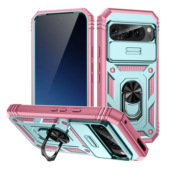 TECH CIRCLE Case for Google Pixel 9 Pro, Pixel 9 Case 6.3" 2024, Plastic Shell Durable TPU Phone Case with Rotate Magnetic Ring Kickstand & Slide Camera Cover, Shockproof Protective Cover, Green Pink