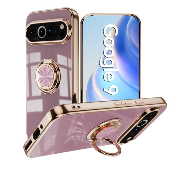 TECH CIRCLE Case for Google Pixel 9A (6.3", 2025) - Shiny Plating Cute Slim Case with Rotating Finger Ring Kickstand, Durable Soft Silicone Lightweight Protective Thin Phone Cover, Lightpurple