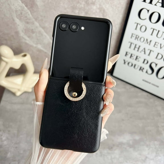 TECH CIRCLE Case for Motorala Razr 50 (2024 Release) 6.9", PU Leather Protective Case with Glitter Finger Ring, Lightweight Slim Cover, Anti-Scratch, Shock-Absorbent, Travel-Friendly, Black