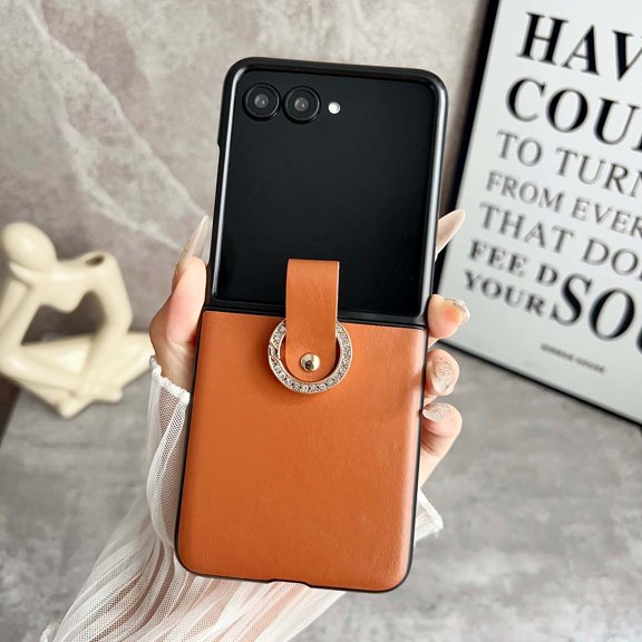 TECH CIRCLE Case for Motorala Razr 50 Ultra (2024 Release) 6.9", PU Leather Protective Case with Glitter Finger Ring, Lightweight Slim Cover, Anti-Scratch, Shock-Absorbent, Travel-Friendly, Orange