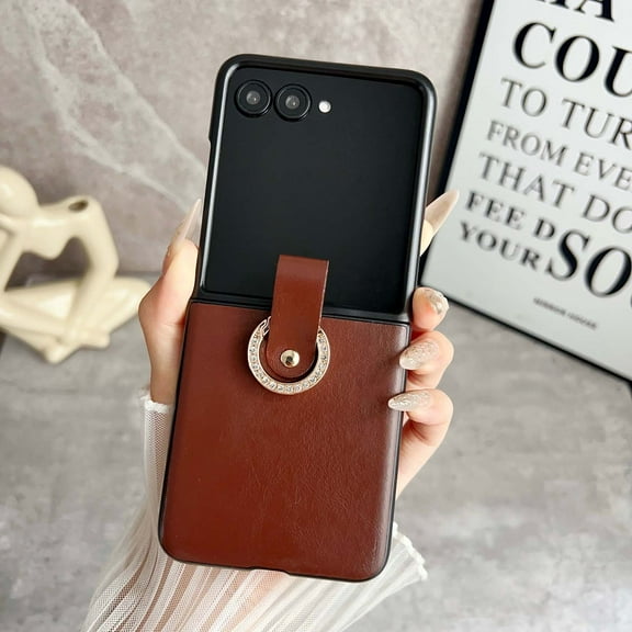 TECH CIRCLE Case for Motorala Razr 60 Ultra (2025 Release) 7", PU Leather Protective Case with Glitter Finger Ring, Lightweight Slim Cover, Anti-Scratch, Shock-Absorbent, Travel-Friendly, Brown