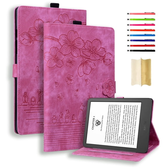 TECH CIRCLE Case for All New Kindle 11th Generation 2022 Release, Colorful Embossing Premium PU Leather Slim Stand Card Slot Wallet Protective Case for 6 inch Basic Kindle 2022 Release, Rose
