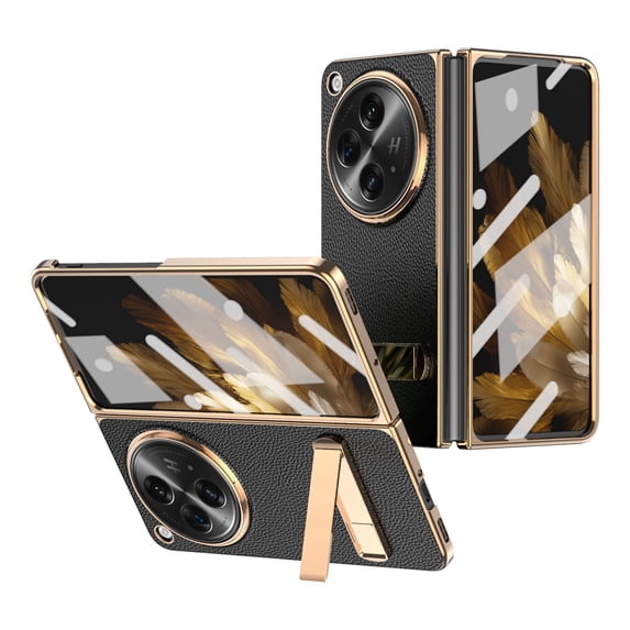 TECH CIRCLE Case for One Plus Open with Screen Protector, Lychee Pattern PU Leather Plating Case Hidden Kickstand Full Body Shockproof Anti-Scratches Cover for One Plus Open/OPPO Find N3 2023, Black