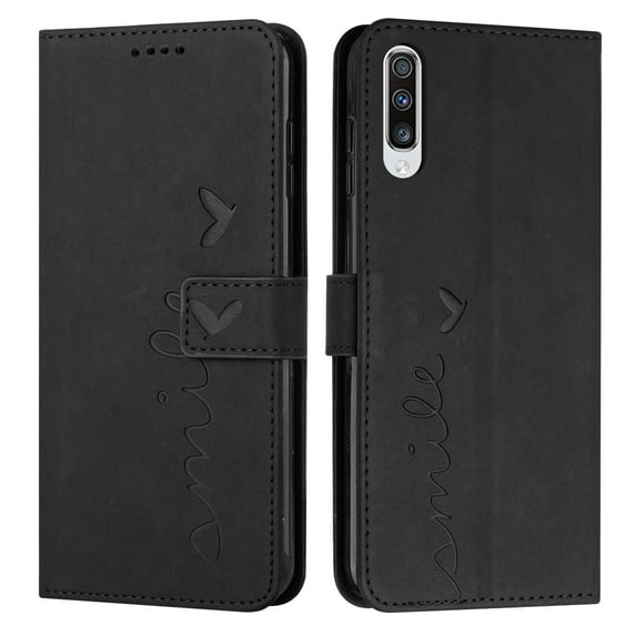 TECH CIRCLE Case for Samsung A70 6.7 Inch (2019) Skin Feel Leather Heart Print Wallet Case, Hand Strap Magnetic Buckle Holder Case for Girls Women, Black