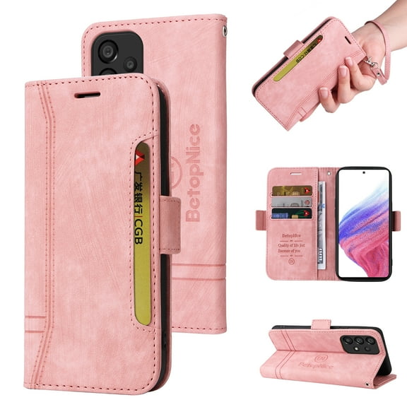TECH CIRCLE Case for Samsung Galaxy A53 5G 6.5 inch,Shockproof Premium PU Leather ID Credit Card Holder Wallet Case Magnetic Flip Kickstand Phone Cover with Hand Strap,Pink