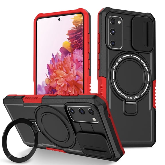 TECH CIRCLE Case for Samsung Galaxy S20 FE (6.5") - [Sliding Cover for Camera Protection] [Compatible with MagSafe] Shockproof Multifunctional Case with Hidden Kickstand/Phone Ring Holder,Red Black