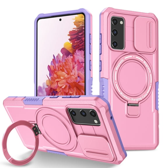 TECH CIRCLE Case for Samsung Galaxy S20 FE (6.5") - [Sliding Cover for Camera Protection] [Compatible with MagSafe] Shockproof Multifunctional Shell Case with Hidden Kickstand/Phone Ring Holder,Pink