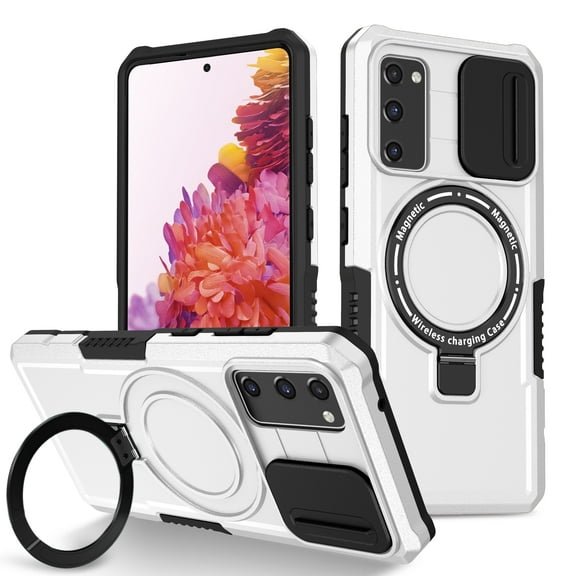TECH CIRCLE Case for Samsung Galaxy S20 FE (6.5") - [Sliding Cover for Camera Protection] [Compatible with MagSafe] Shockproof Multifunctional Shell Case with Hidden Kickstand/Phone Ring Holder,White