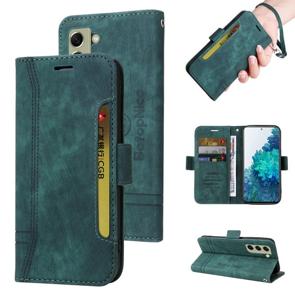 TECH CIRCLE Case for Samsung Galaxy S21 FE 5G 6.4 inch,Shockproof Premium PU Leather ID Credit Card Holder Wallet Case Magnetic Flip Kickstand Phone Cover with Hand Strap,Green