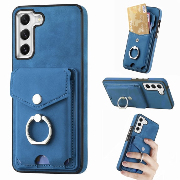 TECH CIRCLE Case for Samsung Galaxy S21 FE 6.4", [Built-in 2 Micro-SIM Card Slots] Slim Soft Shockproof Protective Cover with Ring Holder Stand + Card Holder Pocket + Eject Pin Holder - Blue
