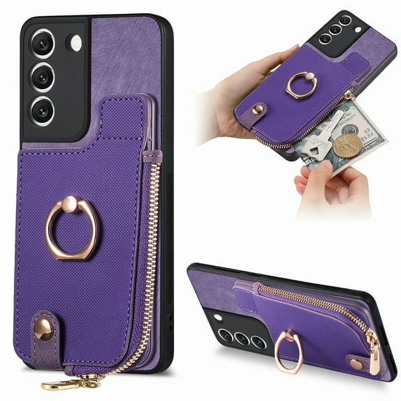 TECH CIRCLE Case for Samsung Galaxy S21 FE (6.4-inch) - Practical Wallet Phone Case [Built-in Zipper Pocket & Card Slot] Protective Leather Cover with [Kickstand / Phone Ring Holder], Purple
