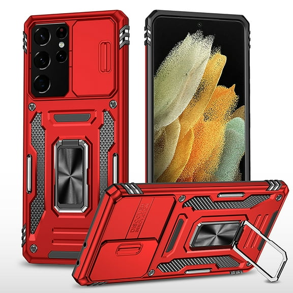 TECH CIRCLE Case for Samsung Galaxy S21 Ultra, Heavy Duty Rugged Case with Kickstand Pocket Shockproof ,Slide Holder Back Cover for Samsung Galaxy S21 Ultra 6.8 inch,Red