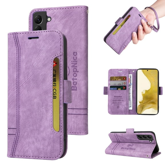 TECH CIRCLE Case for Samsung Galaxy S22 6.1 inch,Shockproof Premium PU Leather ID Credit Card Holder Wallet Case Magnetic Flip Kickstand Phone Cover with Hand Strap,Purple