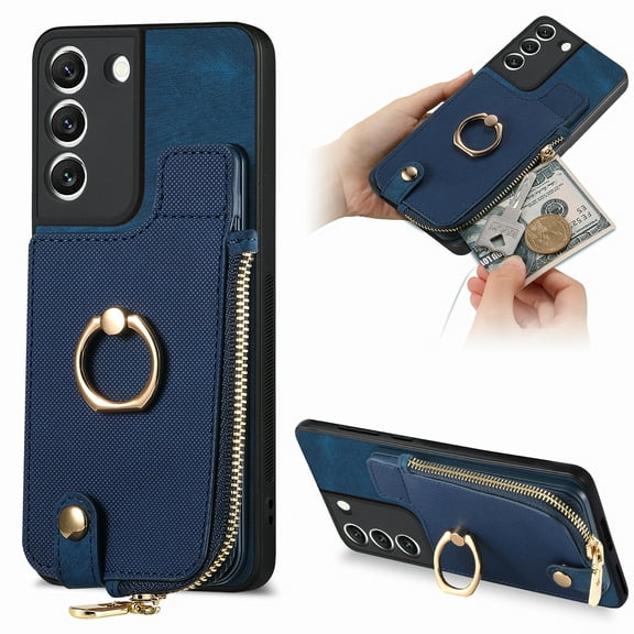 TECH CIRCLE Case for Samsung Galaxy S22 Plus (6.6-inch) - Practical Wallet Phone Case [Built-in Zipper Pocket & Card Slot] Protective Leather Cover with [Kickstand / Phone Ring Holder], Blue