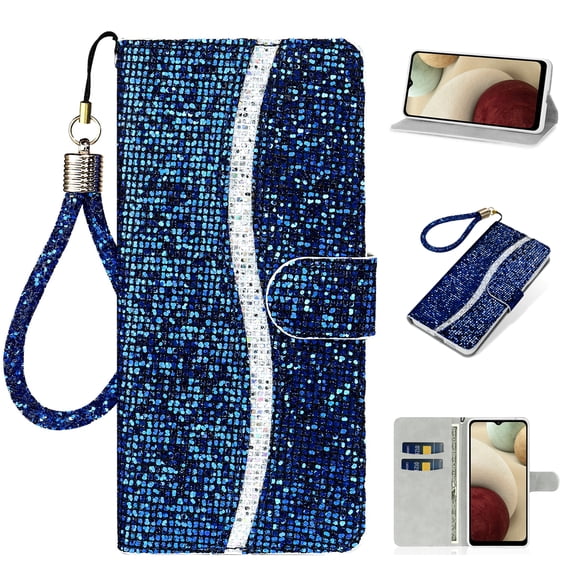 TECH CIRCLE Case for Samsung Galaxy S23 Ultra 6.8", Bling Glitter PU Leather Folio Stand Wallet Card Holders Shockproof Protective Magnetic Cover with Hand Strap For Samsung Galaxy S23 Ultra, Blue