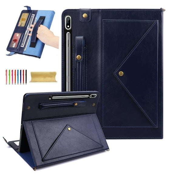 TECH CIRCLE Case for Samsung Galaxy Tab S9 FE Plus,Galaxy Tab S10+/S9+ Case 12.4",PU Leather Business Stand Protective Cover S Pen Holder Card Slots Shoulder Hand Strap Handbag Wallet Cover,Blue
