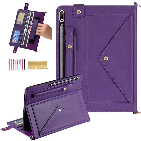 TECH CIRCLE Case for Samsung Galaxy Tab S9 FE Plus,Galaxy Tab S10+/S9+ Case 12.4",PU Leather Business Stand Protective Cover S Pen Holder Card Slots Shoulder Hand Strap Handbag Wallet Cover,Purple
