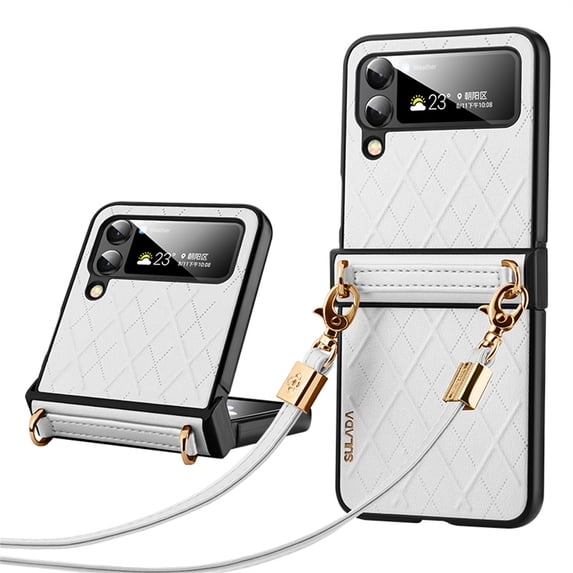 TECH CIRCLE Case for Samsung Galaxy Z Flip 4, Luxury PU Leather Crossbody Case with Lanyard Shoulder Strap Slim Hinge Protection Shockproof Folding Cover for Samsung Galaxy Z Flip 4 2022,White