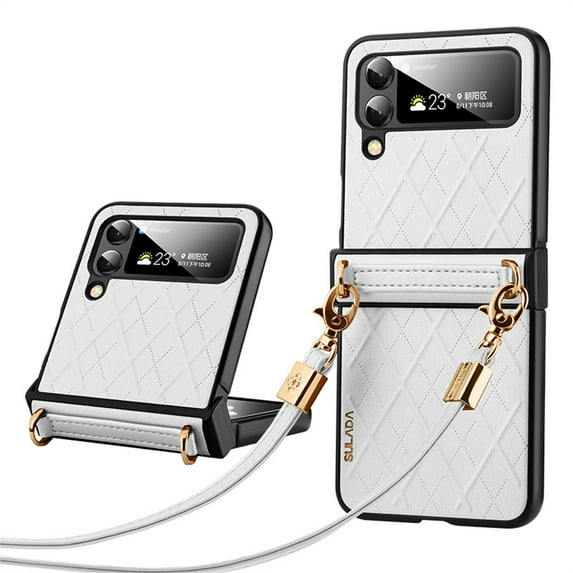 TECH CIRCLE Case for Samsung Galaxy Z Flip 4, Luxury PU Leather Crossbody Case with Lanyard Shoulder Strap Slim Hinge Protection Shockproof Folding Cover for Samsung Galaxy Z Flip 4 2022,White