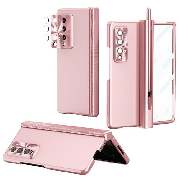 TECH CIRCLE Case for Samsung Galaxy Z Fold 3 2021 case with Hinge Protection & S Pen Holder, Built-in Tempered Glass Screen Protector PC Shockproof Camera Lens Protector Cover, Pink