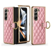 TECH CIRCLE Case for Samsung Galaxy Z Fold 5 5G 2023, Luxury PU Leather Case with Ring Holder Stand Slim Shockproof Shell Anti-Fingerprint Rugged Protective Cover for Galaxy Z Fold 5 7.6",Pink