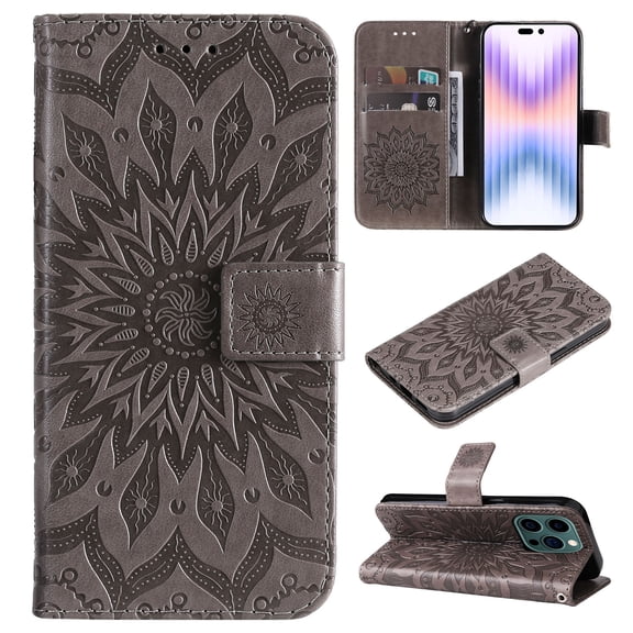TECH CIRCLE Case for 2022 Apple iPhone 14 (6.1") Cell Phone - Protective PU Leather Stand Flip Flower Case (Gray)