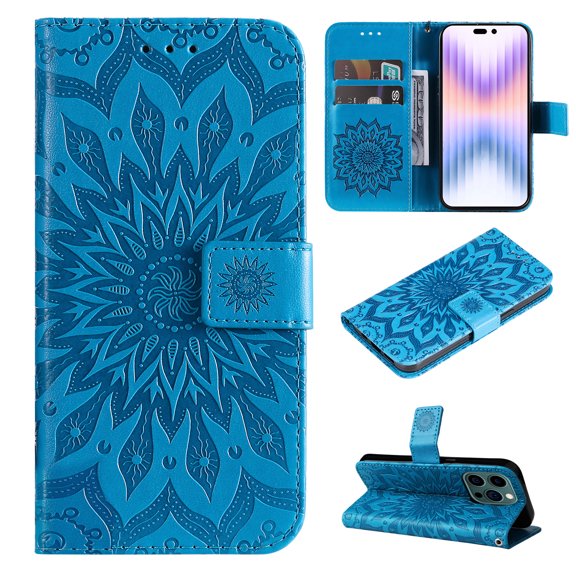 TECH CIRCLE Case for 2022 Apple iPhone 14 Pro (6.1") Cell Phone - Protective PU Leather Stand Flip Flower Case (Blue)