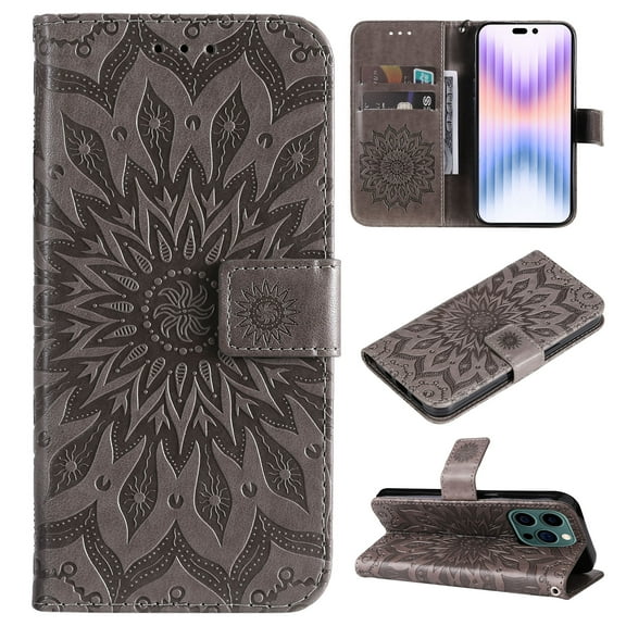TECH CIRCLE Case for 2022 Apple iPhone 14 Pro (6.1") Cell Phone - Protective PU Leather Stand Flip Flower Case (Gray)