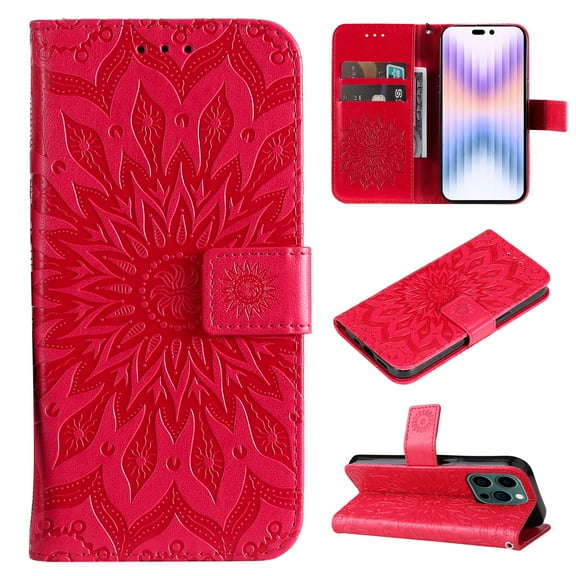 TECH CIRCLE Case for 2022 Apple iPhone 14 Pro (6.1") Cell Phone - Protective PU Leather Stand Flip Flower Case (Red)
