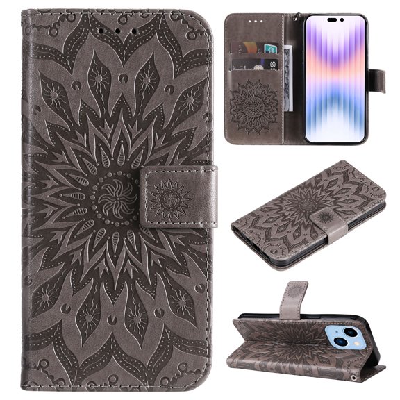 TECH CIRCLE Case for 2022 Apple iPhone 14 Pro Max (6.7") Cell Phone - Protective PU Leather Stand Flip Flower Case (Gray)