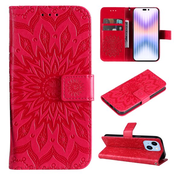 TECH CIRCLE Case for 2022 Apple iPhone 14 Pro Max (6.7") Cell Phone - Protective PU Leather Stand Flip Flower Case (Red)