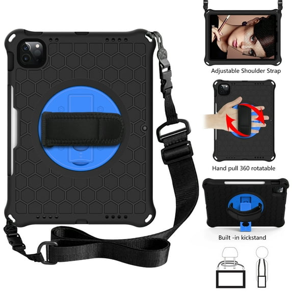 TECH CIRCLE Case for (2022) iPad (10th Generation) 10.9" - Rugged Stand Case with Shoulder Strap / Pencil Holder / Hand Strap, Black+Blue