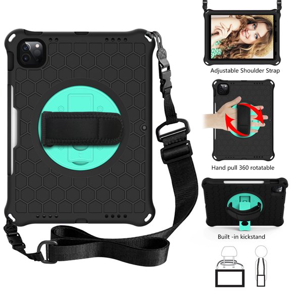 TECH CIRCLE Case for (2022) iPad (10th Generation) 10.9" - Rugged Stand Case with Shoulder Strap / Pencil Holder / Hand Strap, Black+Green