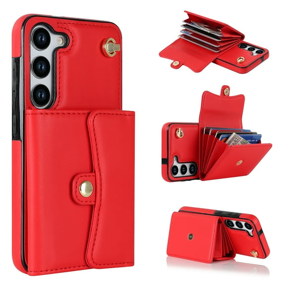 TECH CIRCLE Case for Galaxy S23 Plus (2023) - Leather Wallet Stand Case with Strap, Red
