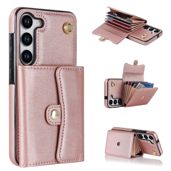 TECH CIRCLE Case for Galaxy S23 Plus (2023) - Leather Wallet Stand Case with Strap, Rosegold