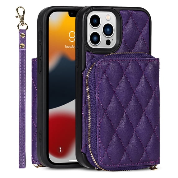 TECH CIRCLE Case for iPhone 13 Pro Max 6.7 Inch,Hybrid Leather Shoulder Strap Zipper Purse Card Holder Kickstand Detachable Wrist Strap,Purple