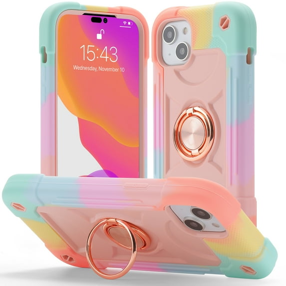 TECH CIRCLE Case for iPhone 14 - Shockproof Kickstand Case with Phone Ring Holder, Rainbow Pink