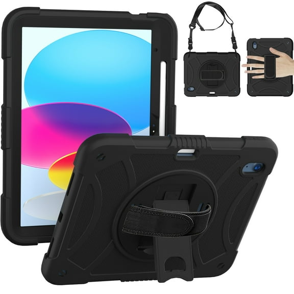 TECH CIRCLE Case for iPad (10th Generation) 10.9" - Durable Shockproof Rugged Case Shell with Adjustable Hand/Shoulder Strap & Pencil Holder, Protective Sturdy Stand Cute Kids Cover, Black