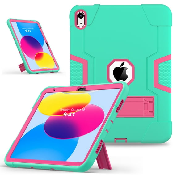 TECH CIRCLE Case for iPad 10th Generation 10.9 Inch 2022, Heavy Duty Hybrid Shockproof Rugged Protective Case Built-in Stand for iPad 10th Gen 10.9 Inch 2022 for Boys Girls,Green/Rose
