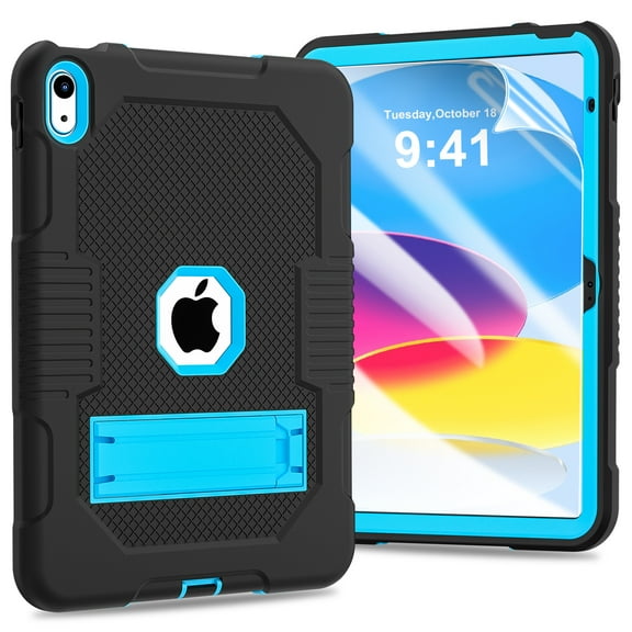 TECH CIRCLE Case for iPad 10th Generation 10.9 inch 2022, Heavy Duty Shockproof Rugged Full Body Protective Cover with Soft HD Screen Protector Kickstand for Apple iPad 10th Gen 10.9 Inch, Black+Blue
