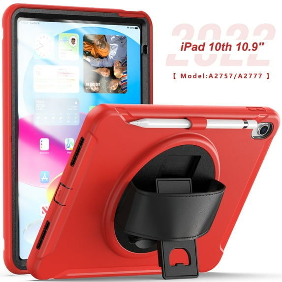 TECH CIRCLE Case for iPad 10th Generation 10.9 inch 2022, Heavy Duty Shockproof Rugged Protective with Pencil Holder 360° Rotating Hand Strap Stand Case for 10th Gen 10.9" for Boys Girls,Red